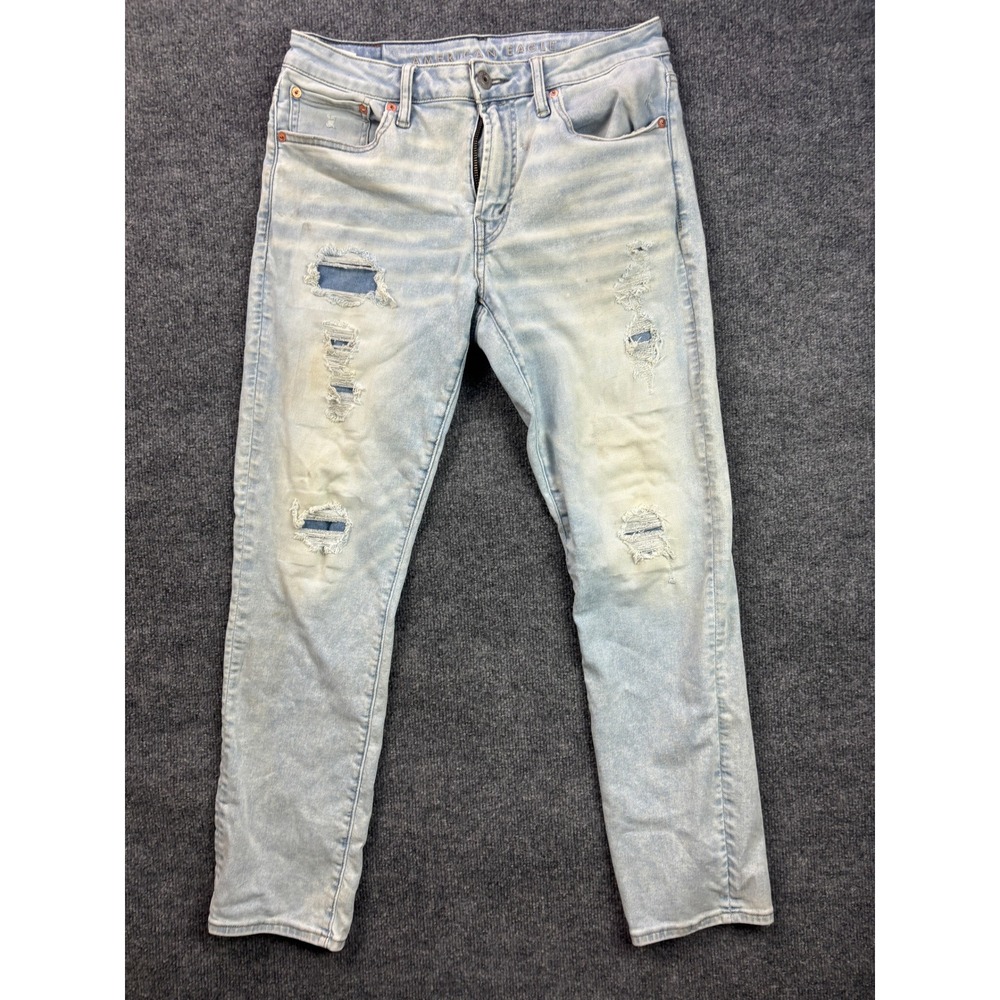American Eagle Slim Straight Jeans Mens 32x29 Light Blue Distressed Patched Rip‎